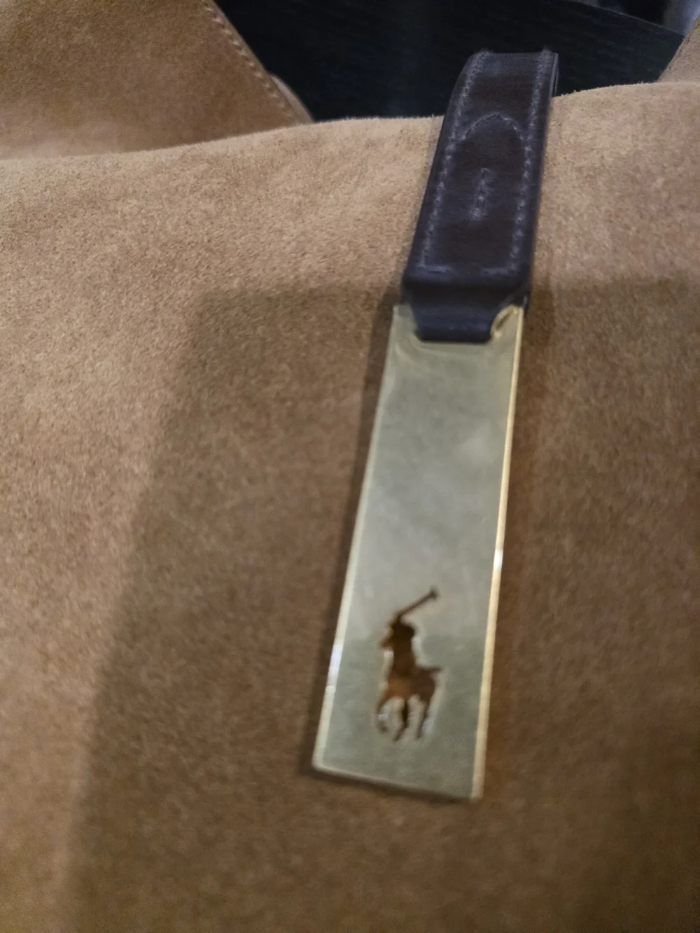 NWT Ralph Lauren Polo Large ID Brown Suede Shoulder Bag with Gold Accent